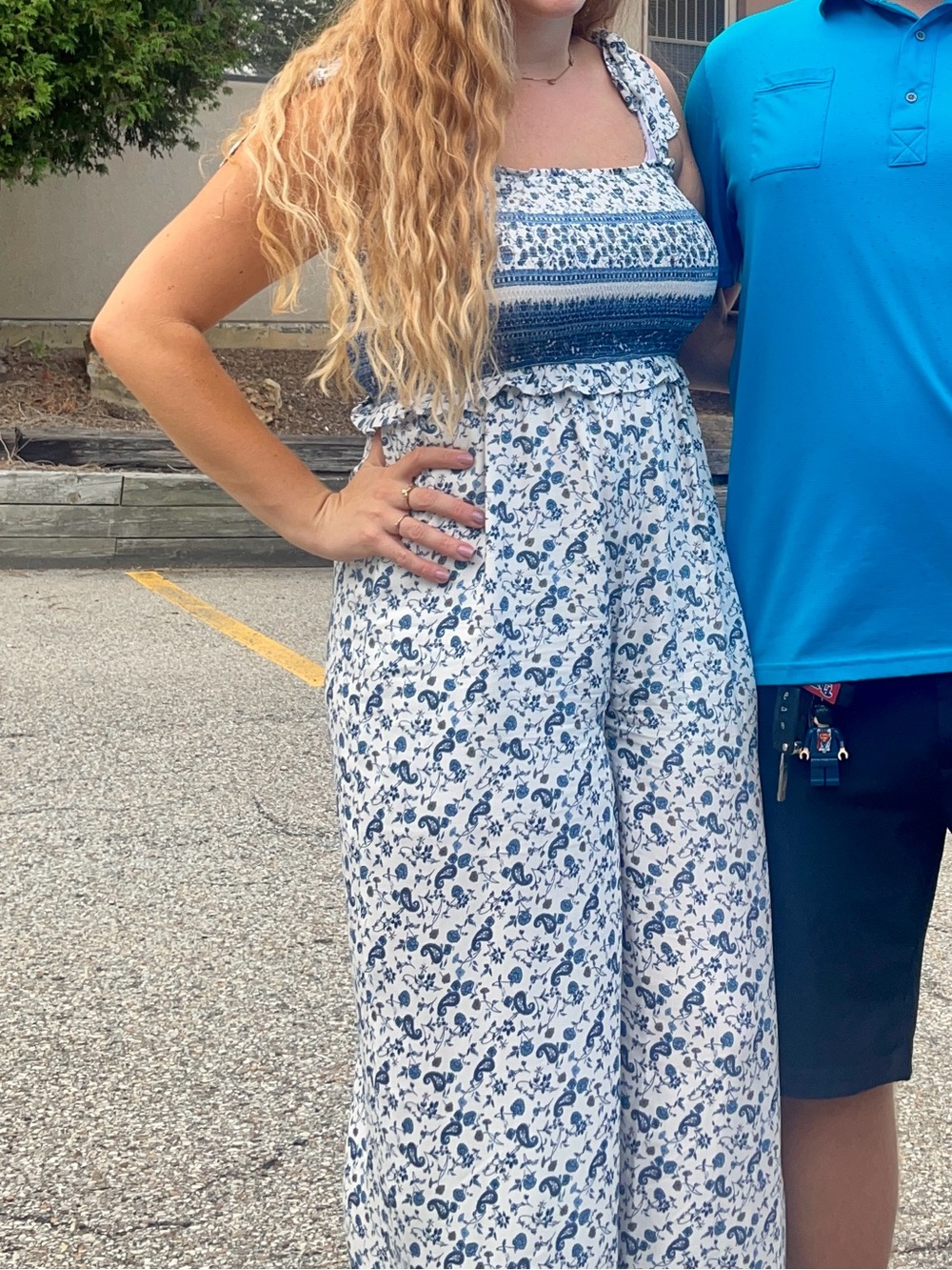 Boho Wide-Leg Floral Jumpsuit - Blue/White